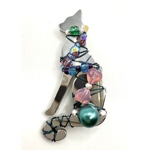 Vintage Artisan LizTech Egyptian Bastet Cat Brooch Pin With Beads Whimsical